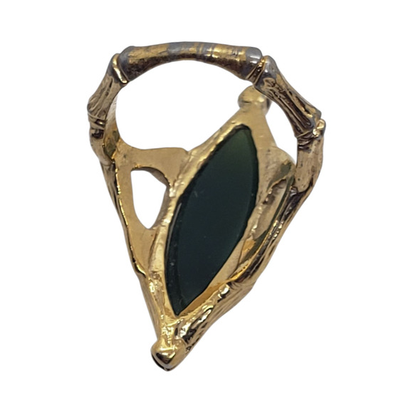 Vintage 1970s Nephrite Jade Marquise Ring Gold Plate Bamboo Branch sz 6.75 - Picture 8 of 13